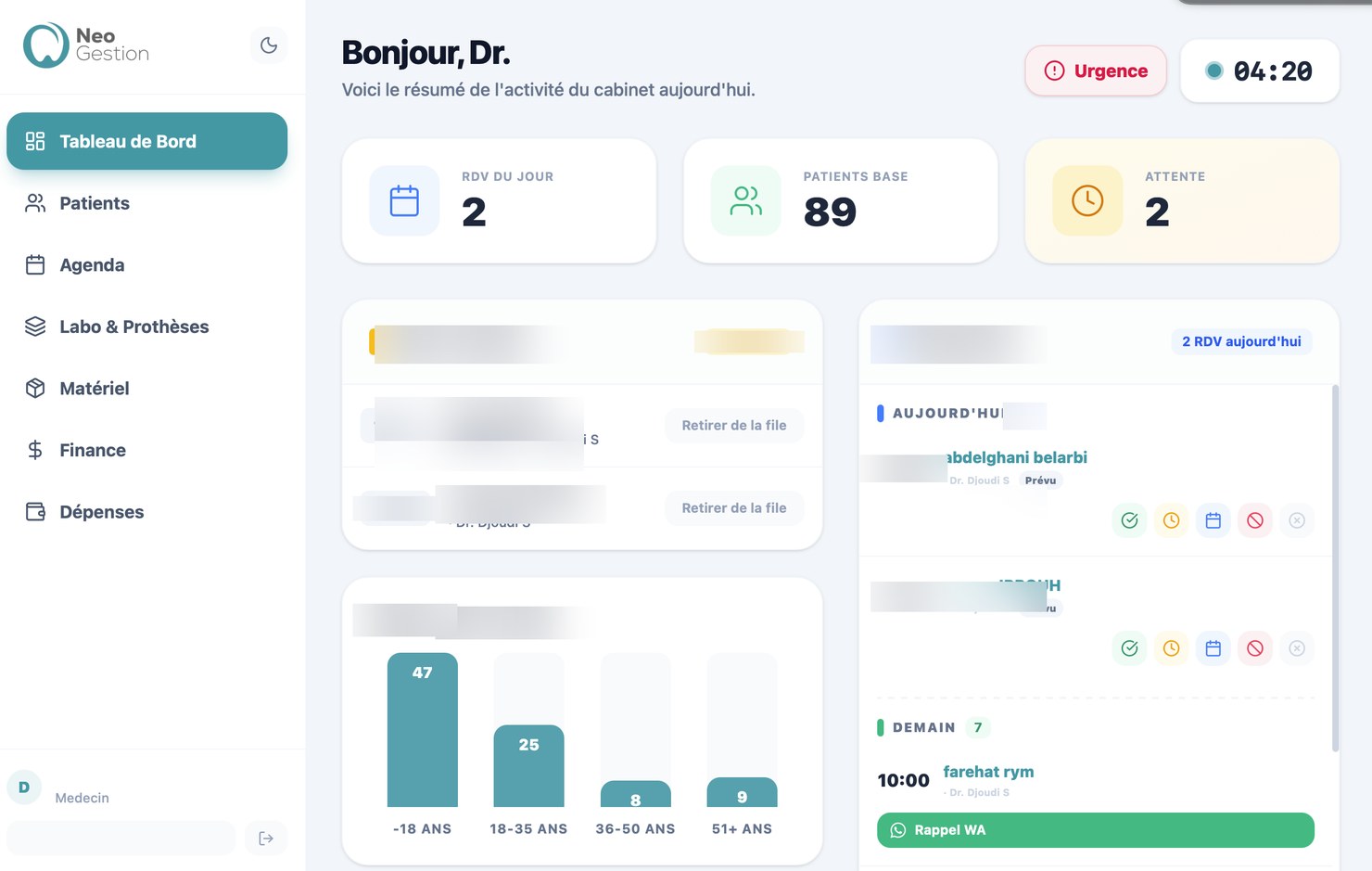 Tableau de bord NeoGestion — logiciel cabinet dentaire Algérie