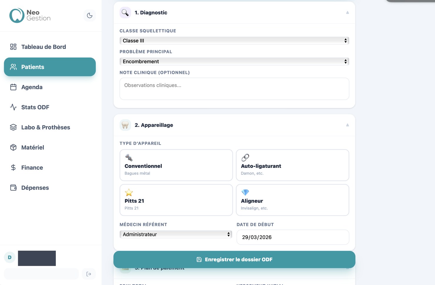 Module plan de traitement NeoGestion avec odontogramme interactif